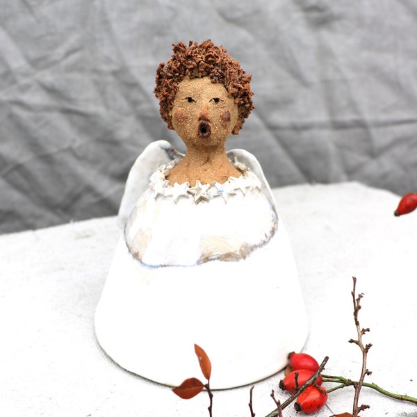 Keramikengel, singender Engel, Weihnachtsengel, Engelschor, Keramikfigur Engel, Keramikkunst Engel, Gartendeko, nordischer Engel in weiß