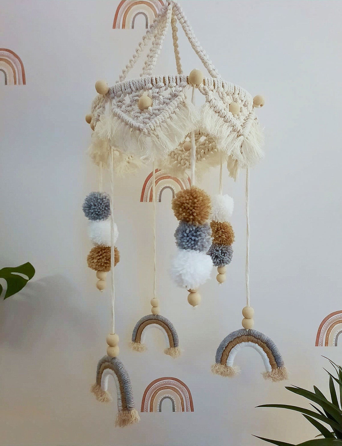 Macrame Baby Mobile Pom Poms and Rainbows Neutral Colours Etsy