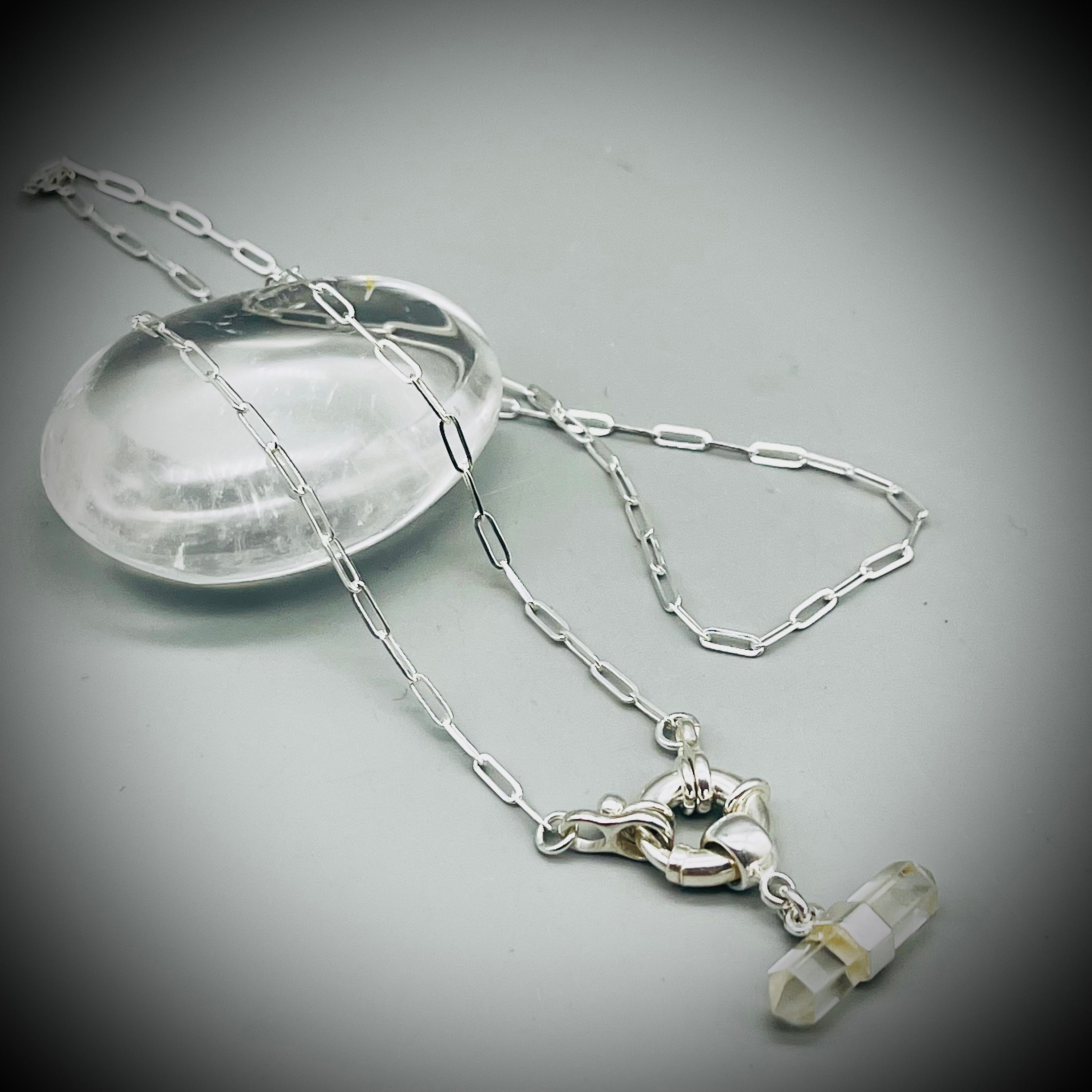 Clear Quartz Crystal and Sterling Silver Necklace, Bolt Ring