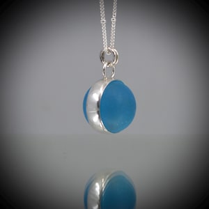 Bright Blue Sea Glass Marble Necklace: Sterling Silver Spinning Pendant