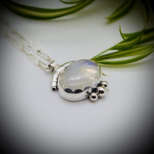 May include: A silver necklace with a large, oval moonstone pendant. The pendant is set in a detailed silver setting with a scalloped edge and small silver spheres. The chain is a simple link style. Green and yellow leaves are in the background.