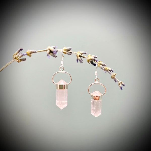 Rose Quartz Crystal Point Earrings,  Rose Quartz and Sterling Silver Earrings, Rose Quartz Drop Earrings, Rose Quartz Point