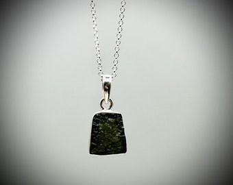 Moldavite Sterling Silver Pendant Necklace: Czech Tektite Crystal