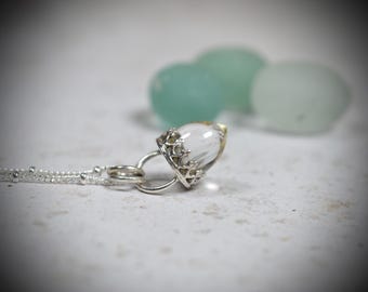 Clear Quartz Crystal Bullet Pendant Necklace:  Sterling Silver Chain
