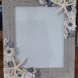 Beach Decor Seashell Frame, Nautical Decor Shell Frame, Coastal Decor White and Gray Seashell Frame, Seashell Wall Frame, Seashell Frame