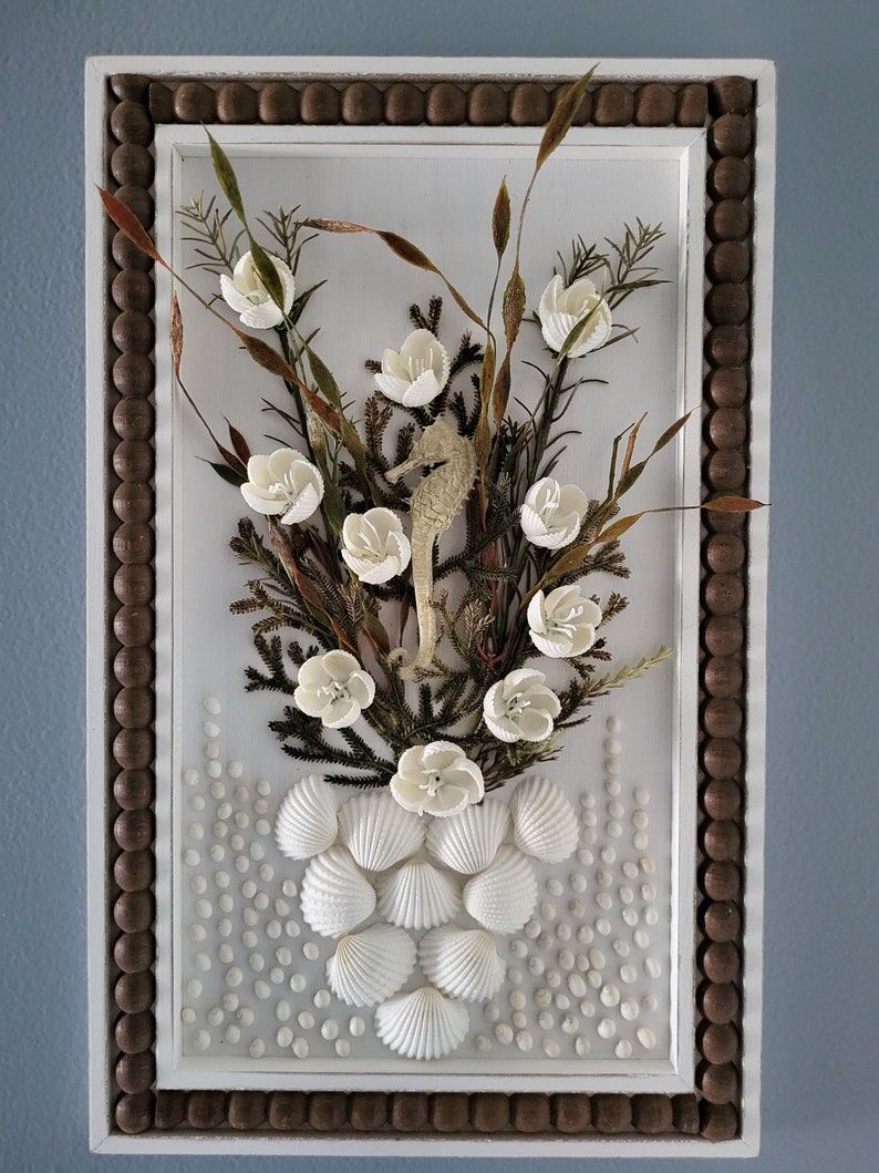 Seashell Wall Art, Coastal, Nautical, Beach Decor, Seashell Flowers, Coastal Framed Seashell