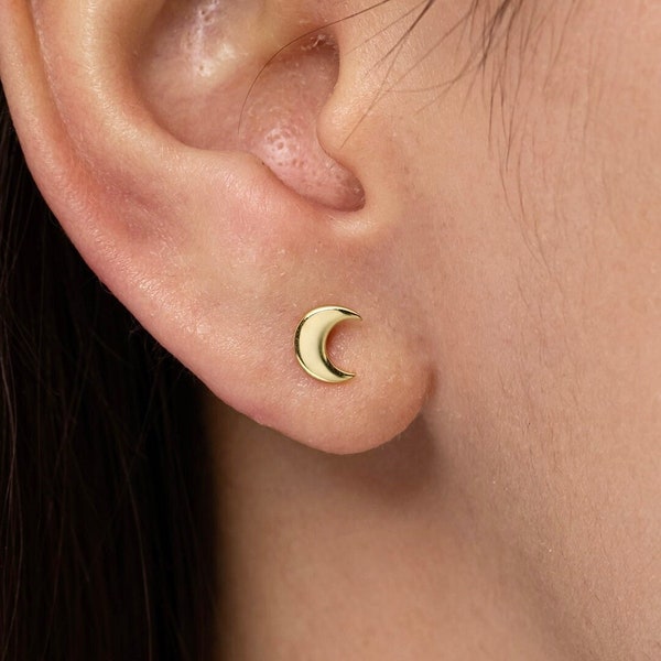 Moon stud earrings, Celestial moon earrings, Gold moon earrings, Dainty earrings, Simple studs, Cartilage studs, Moon jewelry,Tiny moon stud