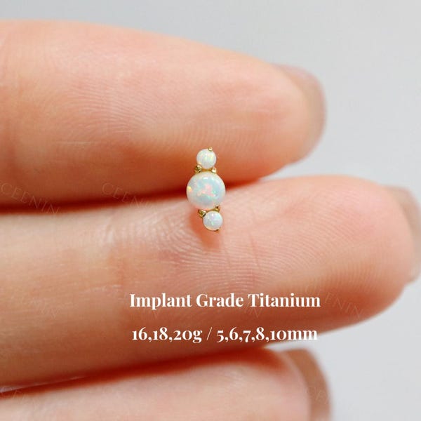 Piercing para labio con pasador de presión sin rosca y ópalo de titanio, con parte trasera plana y curva de ópalo, para cartílago, hélice, nariz y trago, 16 g, 18 g y 20 g