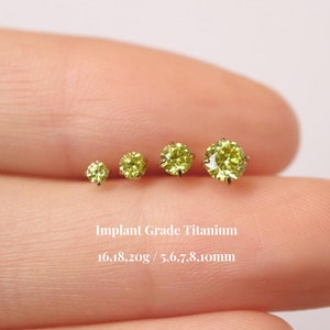 Titanium Apple Green Cz Threadless Push Pin Labret, Flat Back Earrings, Cartilage Tragus Helix Stud, Nose Stud, Small Gold Stud, 16G 18G 20G