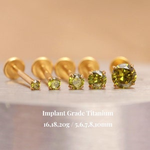 Titanium Peridot Threadless Push Pin Labret, Olive-green Cz Flat Back Earring, Cartilage Tragus Stud, Helix Nose Stud, 16G 18G 20G, 5-10mm