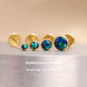 Titanium Dark Green Opal Threadless Push Pin Labret, Opal Flat Back Earrings, Cartilage Tragus Helix Stud, Nose Opal Stud, 16G 18G 20G
