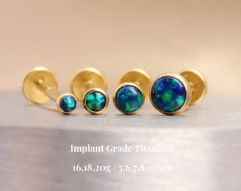 Titan mörkgrön opal gänglös trycknålslabret, opal örhänge med platt baksida, brosk tragus helix stift, näsopal stift, 16G 18G 20G