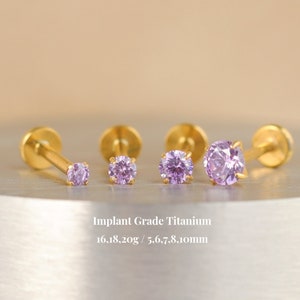 Titanium Amethyst Threadless Push Pin Labret, Cz Flat Back Earrings, Cartilage Tragus Helix Stud, Nose Stud, Small Gold Stud, 16G 18G 20G