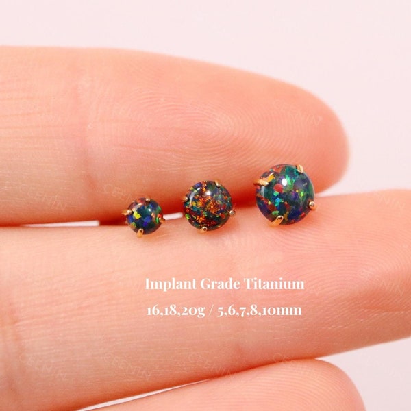 Titanium Black Spark Opal Threadless Push Pin Labret, Opal Flat Back Earring, Cartilage Earring, Tragus Conch Helix Nose Stud, 16G 18G 20G