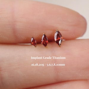 Titanium Garnet Marquise Threadless Push Pin Labret, 3mm 4mm 5mm Cz Flat Back Earring, Cartilage Stud, Tragus Conch Helix Stud, 16G 18G 20G