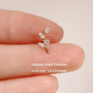 Titanium Cz Leaf Climber Threadless Push Pin Labret, Leaf Curved Flat Back Stud, Cartilage Earring, Tragus Helix Conch Stud, 16G, 18G, 20G