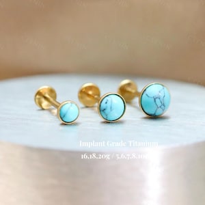 Titanium Turquoise Natural Stone Threadless Push Pin Labret, Flat Back Earring, Cartilage Stud, Conch Stud, Tragus Helix Nose Stud 16/18/20G