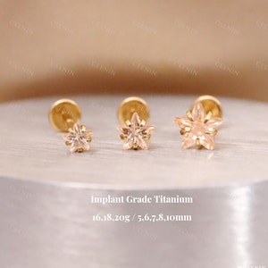 Może przedstawiać: Trzy złote kolczyki w kształcie gwiazdki. Kolczyki są prezentowane na srebrnej powierzchni. Widoczny jest tekst "Implant Grade Titanium" i wymiary.