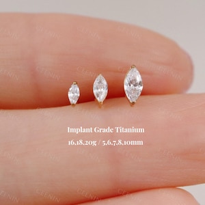 Titanium Marquise Cz Threadless Push Pin Labret, 3mm 4mm 5mm Cz Flat Back Earring, Cartilage Earring, Tragus Conch Helix Stud, 16G 18G 20G