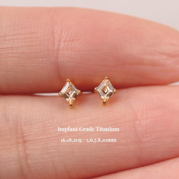Titanium Citrine Cz Threadless Push Pin Labret, Rhombus Cz Flat Back Earring, Cartilage Tragus Conch Helix Nose Stud, 16G 18G 20G, 5-10mm