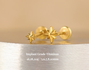 Titanium Starburst Threadless Push Pin Labret, Star Flat Back Stud, Cartilage, Tragus, Helix Stud, Star Nose Stud, 16G 18G 20G