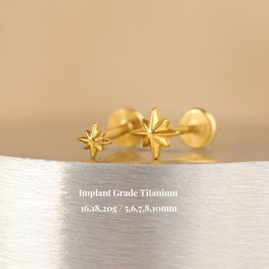 Titanium Starburst Threadless Push Pin Labret, Star Flat Back Stud, Cartilage, Tragus, Helix Stud, Star Nose Stud, 16G 18G 20G
