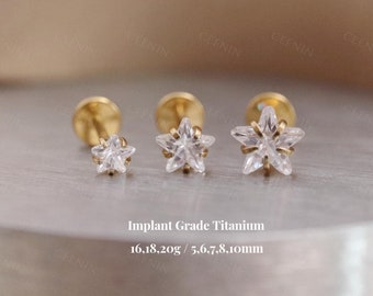 Puede incluir: Tres pendientes de estrella de oro con piedras de circonita cúbica transparentes. Los pendientes están disponibles en calibre 16, 18 y 20 y en tamaños de 5, 6, 7, 8 y 10 mm. Titanio de grado implantable.