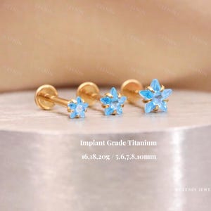 May include: Three gold-colored, star-shaped earrings with light blue centers. The earrings are displayed on a light gray surface. The text "Implant Grade Titanium" and measurements are visible.