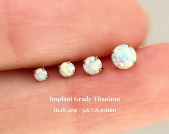 Titanium White Opal Threadless Push Pin Labret, 2mm 2.5mm 3mm 4mm, Flat Back Earrings, Cartilage Tragus Conch Helix Nose Stud, 16G 18G 20G