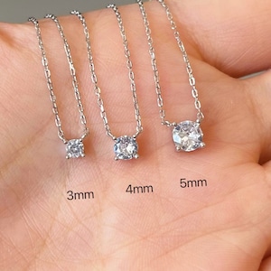 Dainty Diamond Necklace - Sterling Silver Diamond Solitaire Necklace, 4 Prong CZ Necklace, Bridal Necklace, Tiny CZ Necklace 3mm/4mm/5mm