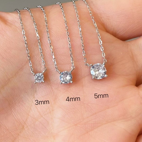 Dainty Diamond Necklace - Sterling Silver Diamond Solitaire Necklace, 4 Prong CZ Necklace, Bridal Necklace, Tiny CZ Necklace 3mm/4mm/5mm