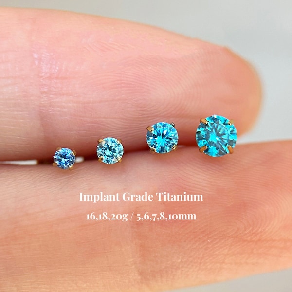 Titanium Aqua Blue Cz Threadless Push Pin Labret, Flat Back Earring, Cartilage Tragus Helix Stud, Nose Stud, Small Stud, 16g 18g 20g, 5-10mm