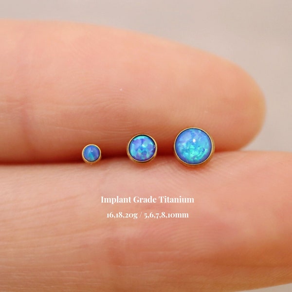 Titanium Blue Opal Threadless Push Pin Labret, 2mm 3mm 4mm Flat Back Stud, Cartilage Tragus Helix Nose Stud, Small Opal Stud, 16g 18g 20g