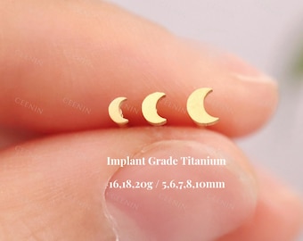 Titanium Crescent Moon Threadless Push Pin Labret, Moon Flat Back Stud, Cartilage Tragus Helix Nose Stud, 16G 18G 20G, Tiny Moon