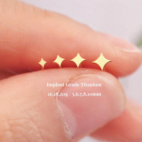 Titanium Star Threadless Push Pin Labret, 4 Point Star Flat Back Stud, Cartilage Tragus Helix Nose Stud, 16G 18G 20G, Gold Tiny Star