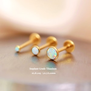 Titanium White Opal Threadless Push Pin Labret, 2mm 3mm 4mm Opal Flat Back Stud, Cartilage Tragus, Helix Stud, Nose Opal Stud, 16g 18g 20g