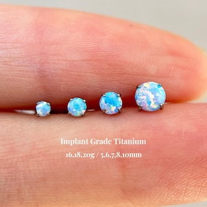 Titanium Light Blue Opal Threadless Push Pin Labret, Titanium Flat Back Stud, Cartilage Tragus Nose Stud, 16g 18g 20g Titanium Opal Stud