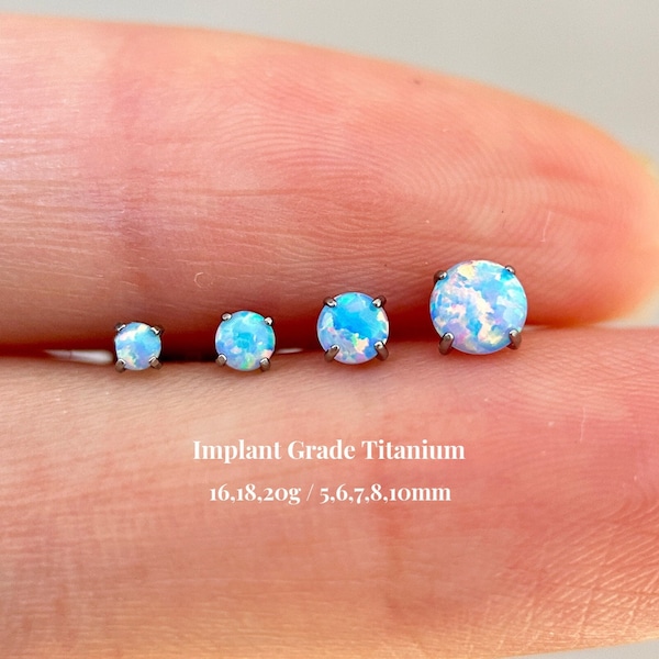 Titanium Blue Opal Threadless Push Pin Labret, 2mm 2.5mm 3mm 4mm Flat Back Stud, Cartilage Tragus Nose Stud, 16g 18g 20g Titanium Opal Stud