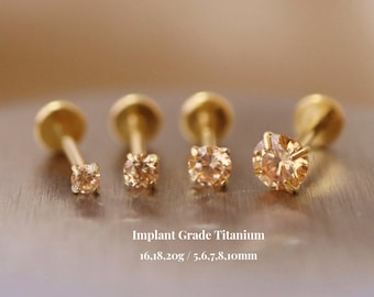 Titanium Citrine Cz Threadless Push Pin Labret, Cz Flat Back Earrings, Cartilage Tragus Helix Stud, Small Stud, 16g 18g 20g, 5mm-10mm