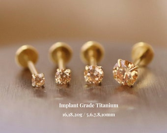 Titanium Citrine Cz Threadless Push Pin Labret, Cz Flat Back Earring, Cartilage Tragus Helix Stud, Small Stud, 16g 18g 20g, 5mm-10mm