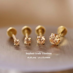 Titanium Citrine Cz Threadless Push Pin Labret, Cz Flat Back Earring, Cartilage Tragus Helix Stud, Small Stud, 16g 18g 20g, 5mm-10mm