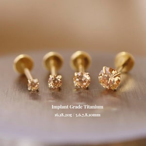 Titanium Citrine Cz Threadless Push Pin Labret, Cz Flat Back Earrings, Cartilage Tragus Helix Stud, Small Stud, 16g 18g 20g, 5mm-10mm