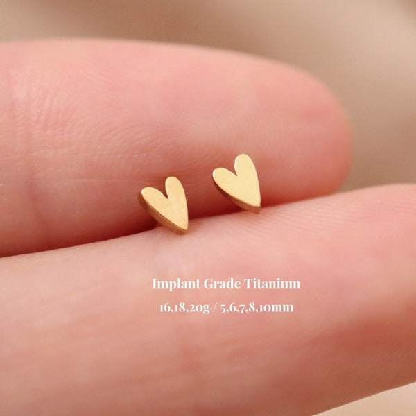 Titanium Heart Push Pin Labret Stud, Threadless Flat Back Earrings, Cartilage Stud, Tragus Conch Helix Stud, Nose Stud, 16G 18G 20G, 5-10mm