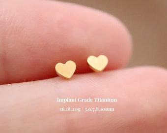 Titanium Heart Threadless Push Pin Labret, Flat Back Earrings, Cartilage Tragus Helix Stud, Nose Stud, Small Stud, 16g 18g 20g, 5mm-10mm