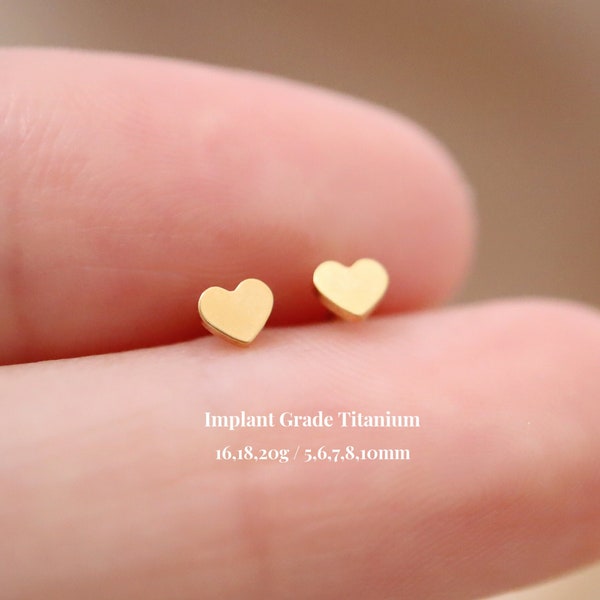 Titanium Heart Threadless Push Pin Labret, Flat Back Earrings, Cartilage Tragus Helix Stud, Nose Stud, Small Stud, 16g 18g 20g, 5mm-10mm