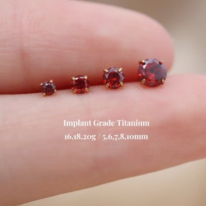 Titanium Garnet Cz Threadless Push Pin Labret Stud, Flat Back Earring, Cartilage Stud, Tragus Stud, Nose Stud, Helix Conch Stud, 20G/18G/16G