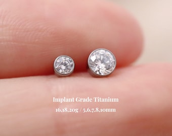 Labret redondo de titanio con circonita cúbica sin rosca y pasador a presión, pendiente de diamante de base plana, pendiente de nariz para cartílago de la concha, titanio de grado implante, piercing pequeño