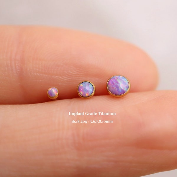 Titanium Purple Opal Threadless Push Pin Labret, 2mm 3mm 4mm Opal Flat Back Stud, Cartilage Tragus Helix Stud, Small Stud, 16g 18g 20g