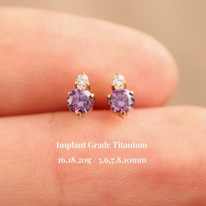 Titanium Amethyst Cz Threadless Push Pin Labret, Raindrop Birthstone Flat Back Earring, Cartilage Tragus Conch Helix Stud, 16G 18G 20G