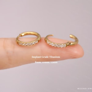 May include: Two gold-colored hoop earrings with a row of small, clear gemstones. The earrings are shown open and closed. Text on the image reads "Implant Grade Titanium" and "8mm, 10mm, 12mm."